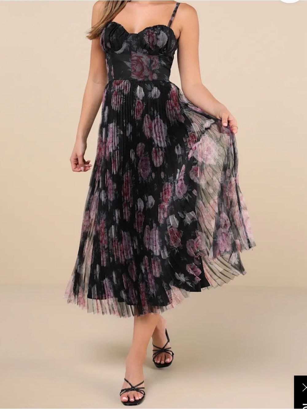 Lulu's Black Floral Pleated Midi Dress with Pink & Purple Accents